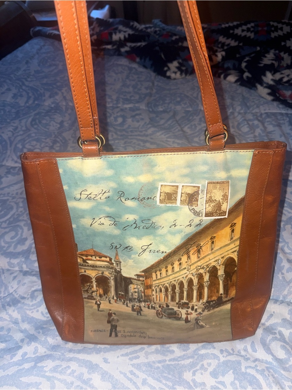 Patricia Nash Sky-Print Brown Leather Postcard Tote